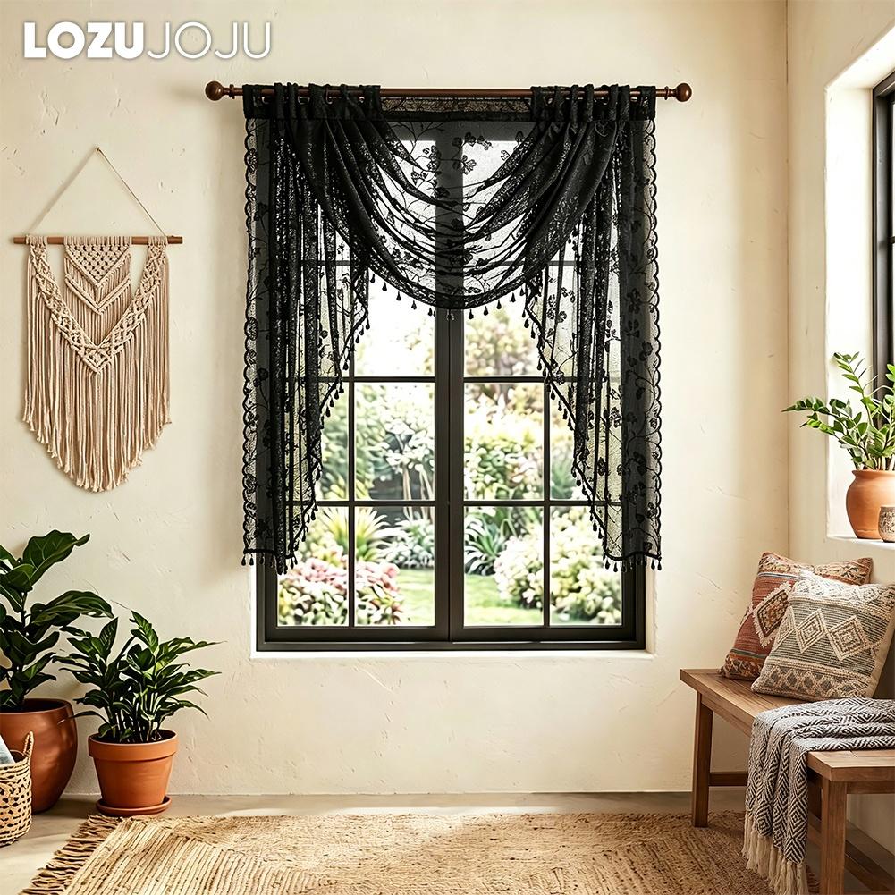 1 Stück LOZUJOJU Französischer Retro Schwarzer Spitzen-Vorhangkopf, Weinreben-Blumen-Jacquard-Quasten-Vorhangkopf für Schlafzimmer Wohnzimmer Fensterdekoration