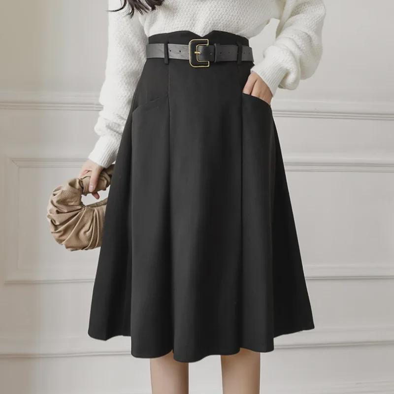 Fusta A-Line din Lână în stil francez pentru femei - Lungime mijlocie, Talie înaltă, Toamnă/Iarnă