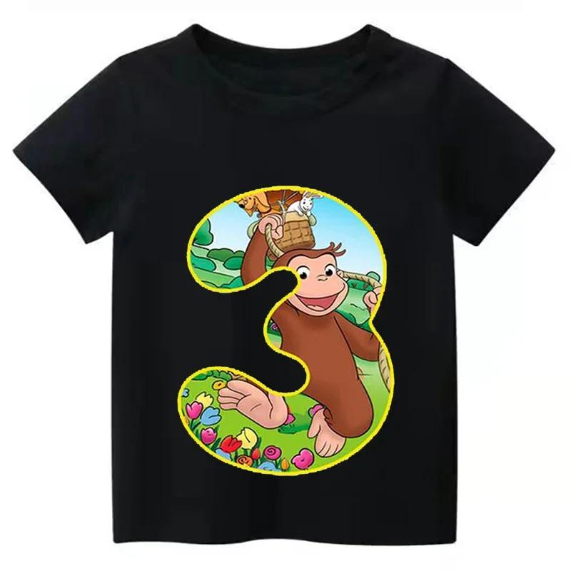 Birthday Number Kids Tshirt Curious George Cute Monkey Print Cartoon Tshirt 19 Years Boys Clothes Baby Girls Tshirts Tops 100
