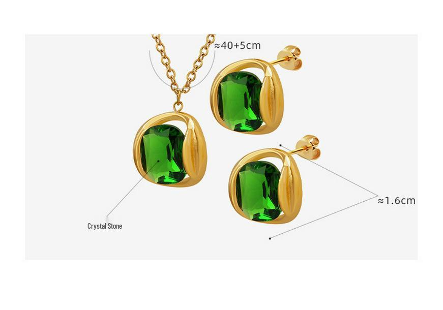 Korean Style Colorfast Emerald Crystal Pendant Necklace and Earrings Set