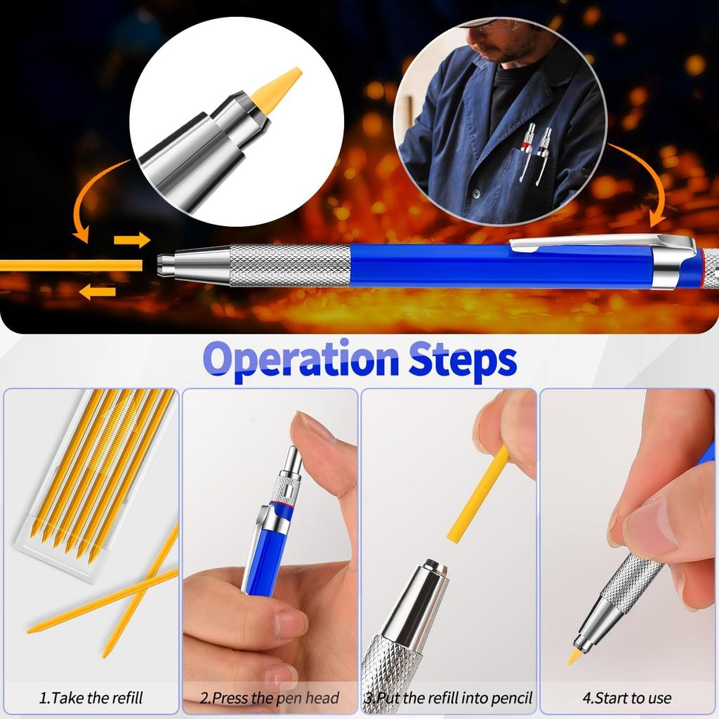 3 Pcs Welders Pencil with 36 Pcs Silver Round Refills, Welders Pencil for Metal, Welding Markers for Metal with Built-in Sharpener for Pipe Fitter