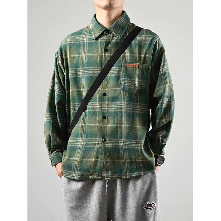 Japanese Style Retro Plaid Shirt Women's Lapel Long-Sleeved Shirt Cashmere Short Coat Couple's Loose Version Spring and Autumn Fashion