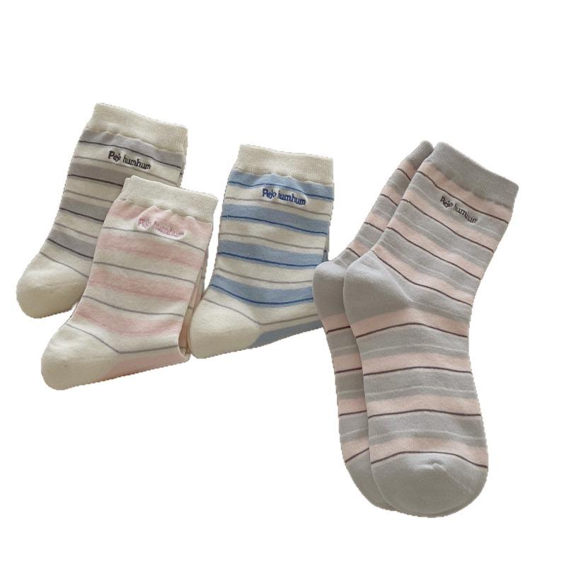 Spring and Autumn Boneless Pure Cotton Sweet Cream Contrasting Color Striped Pile Sock Style Letter Embroidery Mid-calf Socks