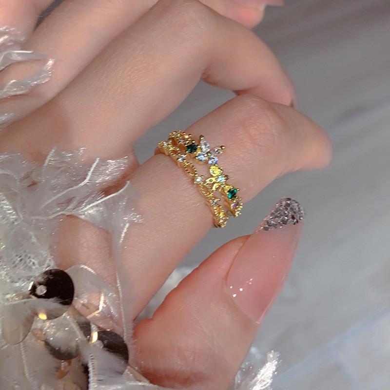 Elegant Floral Butterfly Double Layer Ring For Women Adjustable Size Fashion Accessory
