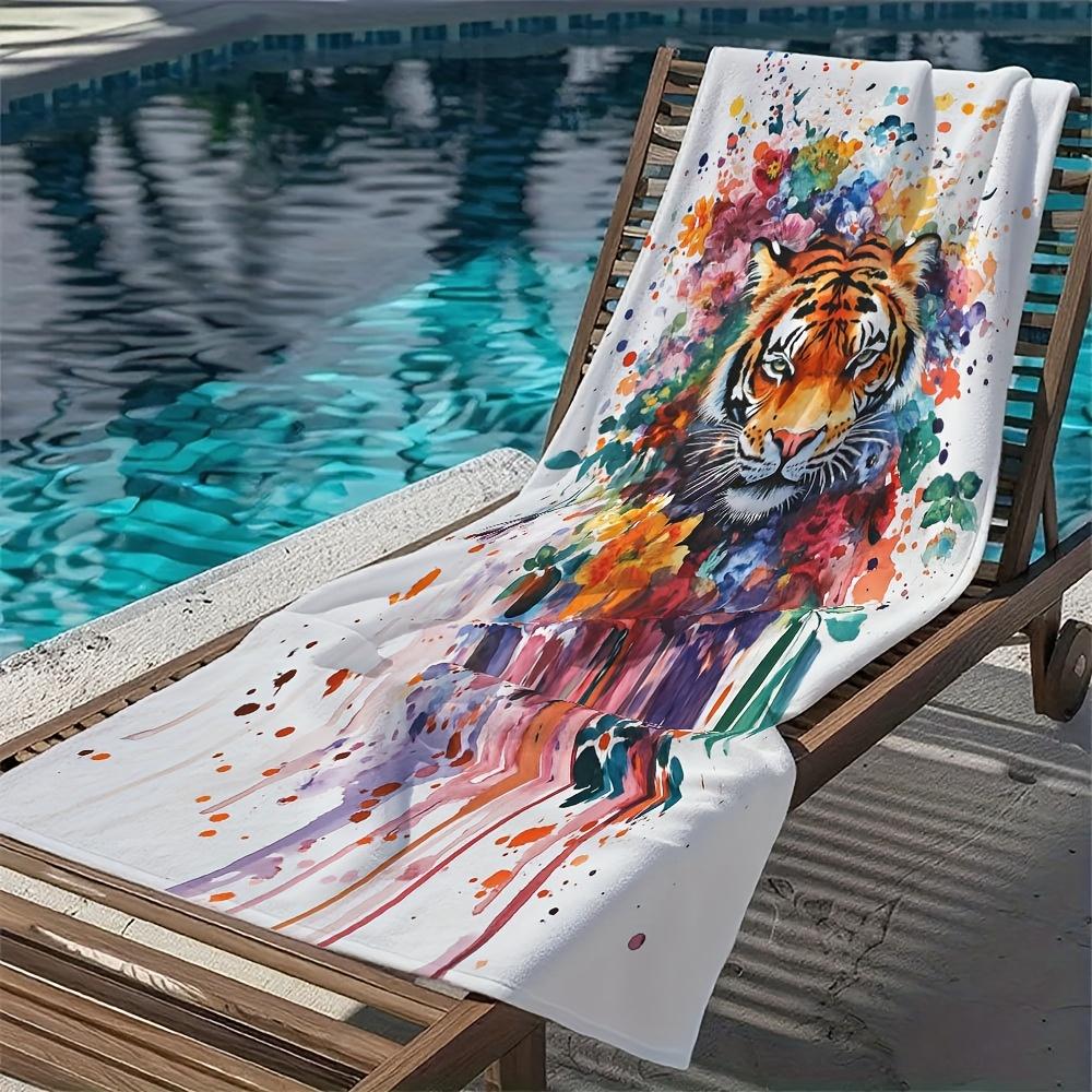 Oversized Microfiber Beach Towel Soft Lightweight Quick-Dry Towel with Fun Prints Painting Tiger on White Background Sand-free
