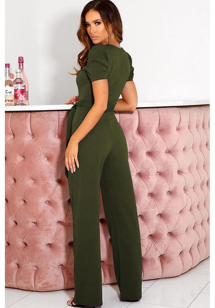 2024 Sommer Damen Eleganter Jumpsuit mit Bindegürtel und V-Ausschnitt, Kurzarm, Weiter Bein