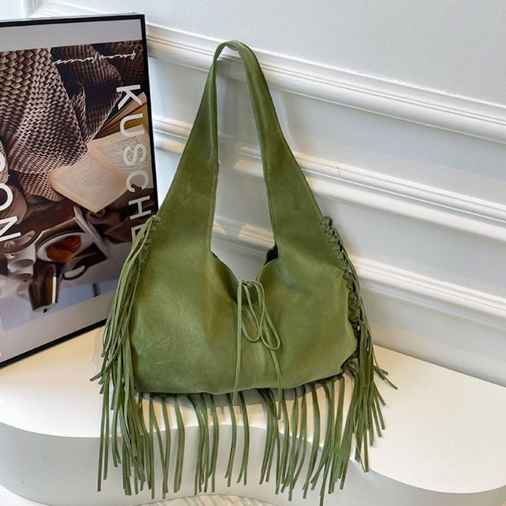 Fashion Korean Style Tassel Shoulder Bag Tote Bag Solid Color Suede Handbag Bohemian Style Large Capacity Underarm Packs Travel
