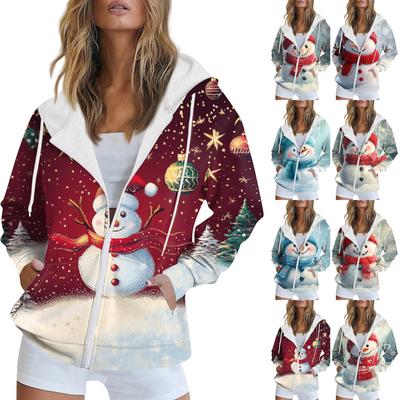 Damen Weihnachtspullover mit Aufdruck, Herbst/Winter, langärmelig, Strickjacke, mit Taschen, Reißverschluss, Kapuzenpullover, Oberbekleidung