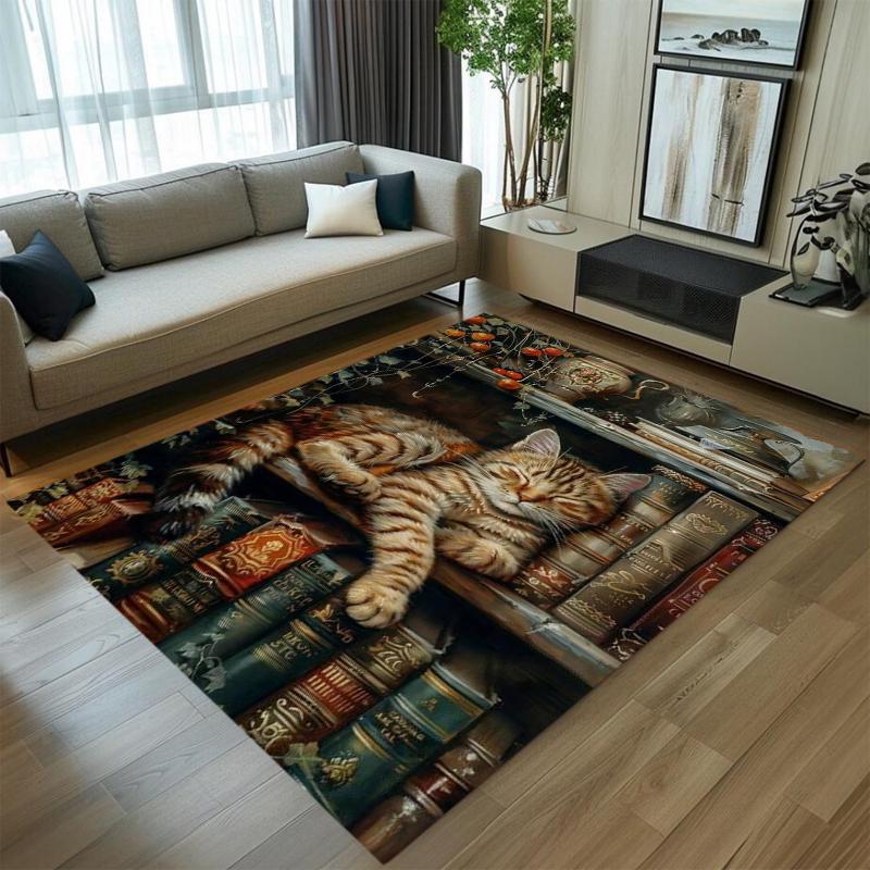 

Whimsical Cozy Cat & Bookshelf Rug Colorful Feline Print Non-slip Washable Floor Mat for Living Room Bedroom Gift 40X60cm