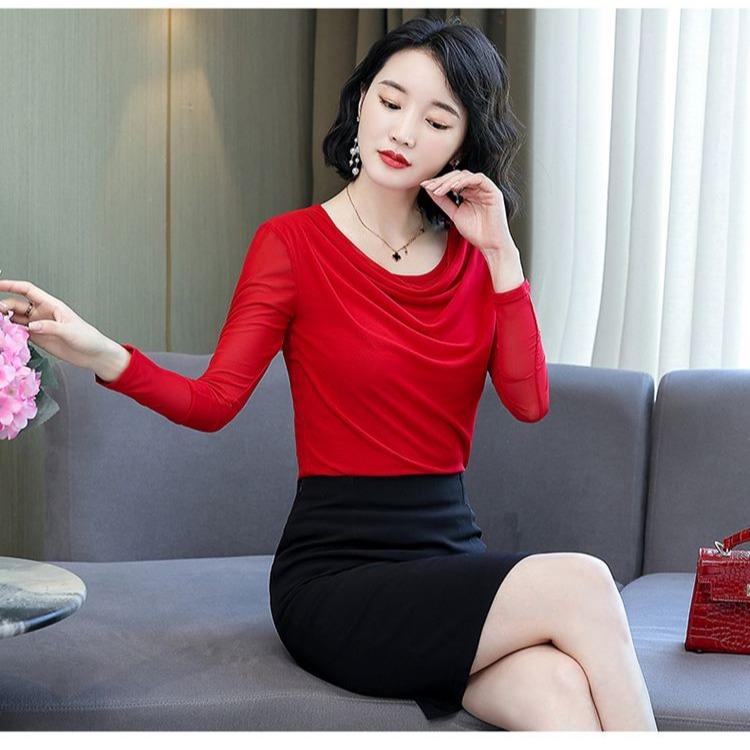 Fashion Women Spring Autumn Thin Mesh Blouse Stacked Neck Slim Fit Long Sleeve Base Layer T Shirt