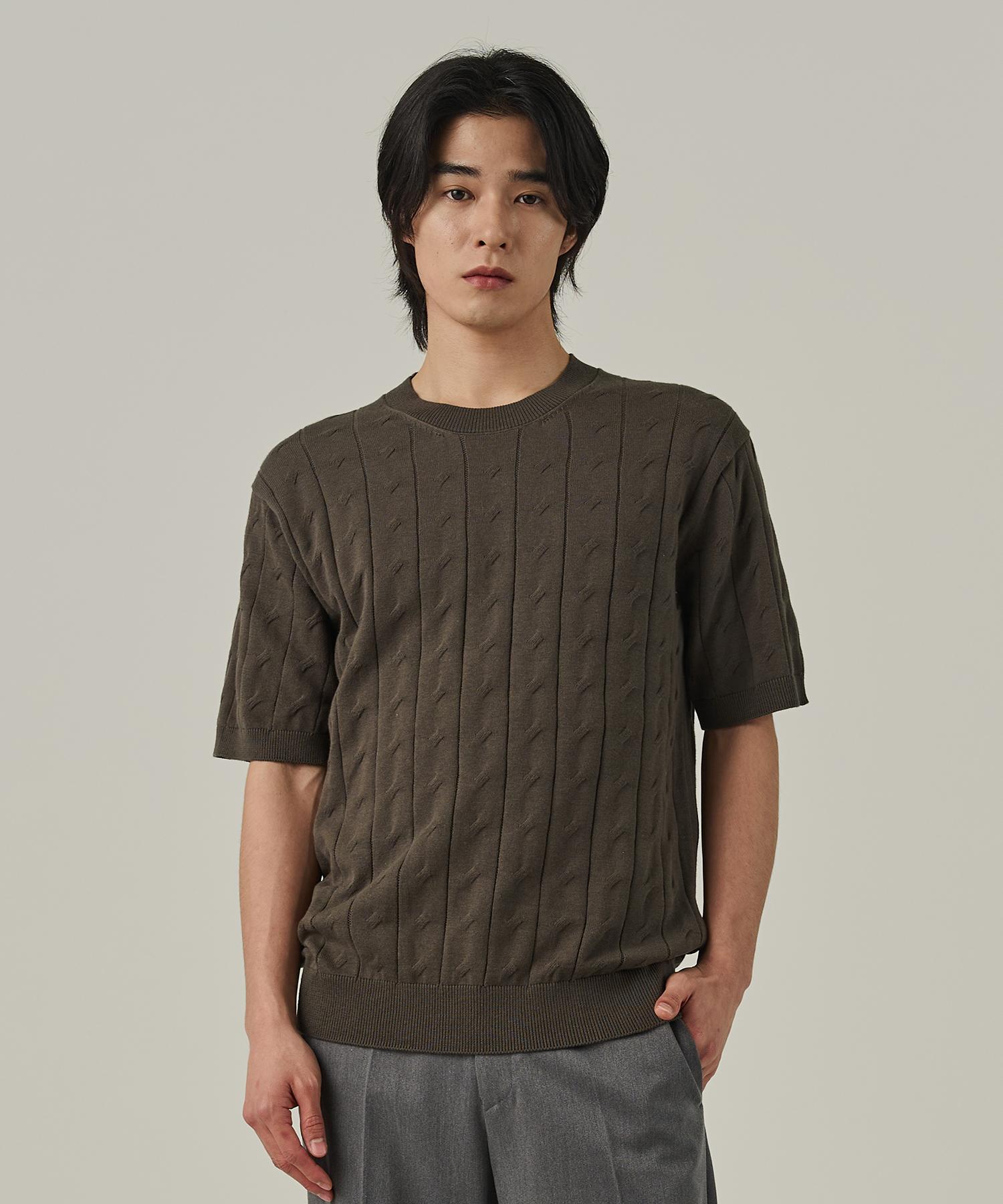 Analog Mood Cable Round Short Sleeve Knit (Khaki) Free