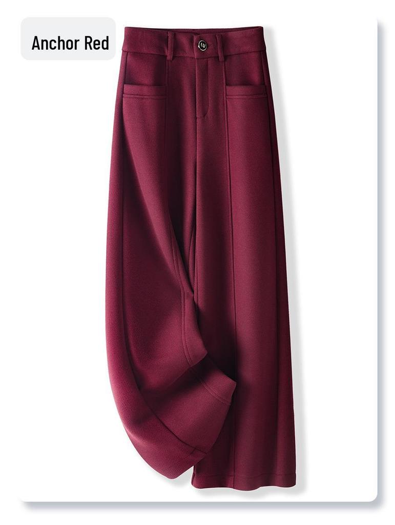 Ankola Women's Red High-Waisted Wide-Leg Velvet Pants - 2024 Autumn/Winter Slimming Casual Sweatpants