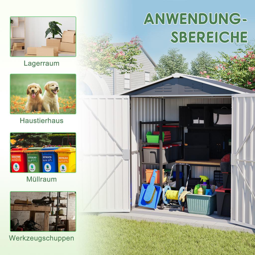 142x185cm Metal Tool Shed Garden House with Ventilation Holes, Incl. Metal Foundation, Lockable Door, Weatherproof for Garden Tools, Gray