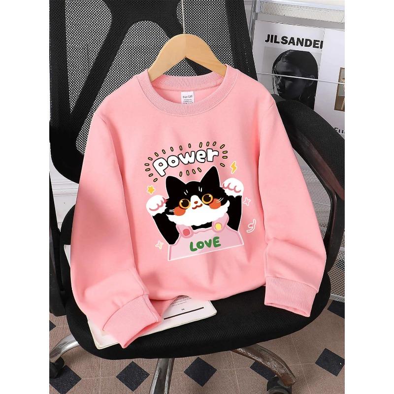 European sizes Kids' Crewneck Sweatshirt - Power Cat Love Pink Apron , Sportswear And Casual Wear, Soft And Comfortable, Children's Clothing