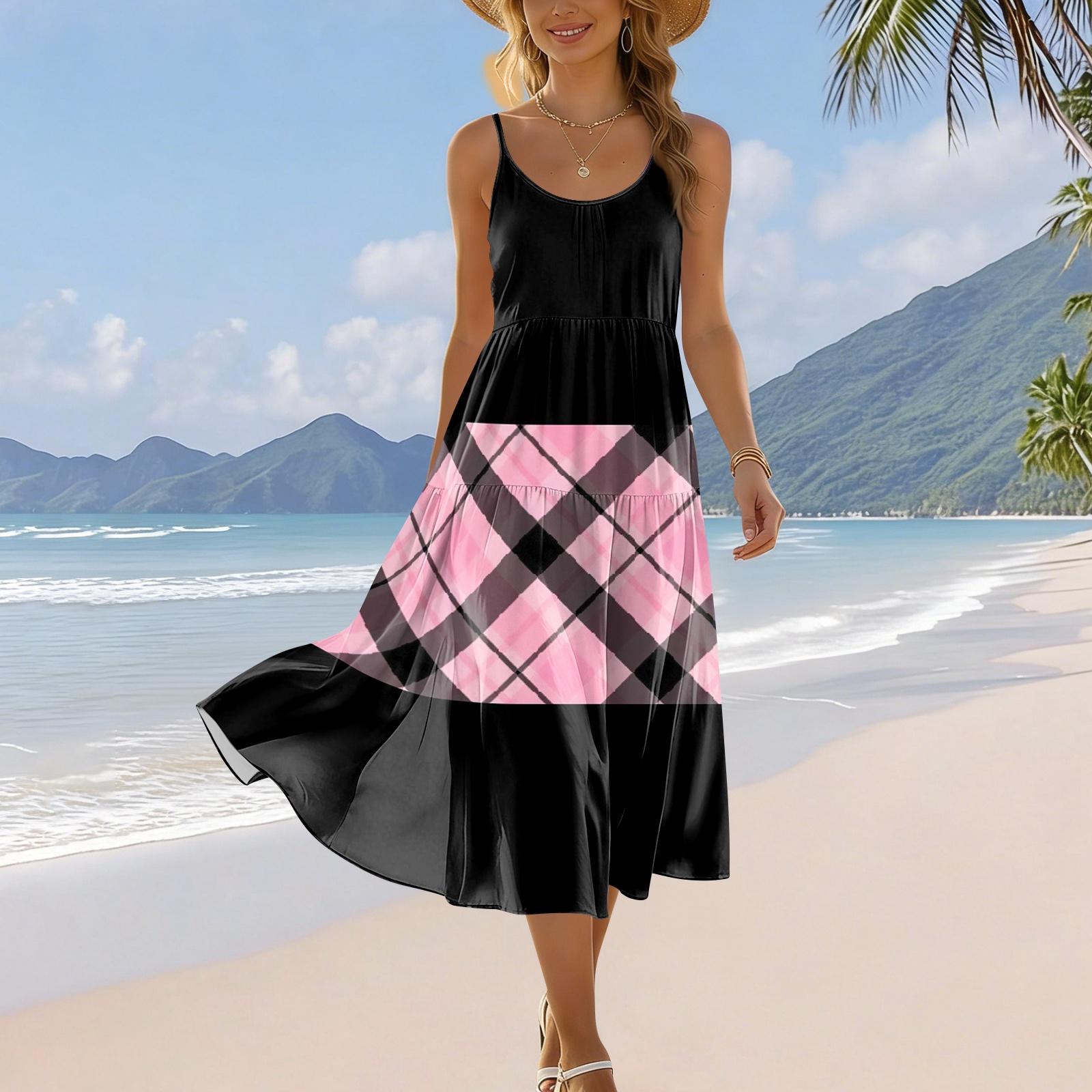 Women’s Summer Floral Print Pocket Adjustable Strap Bohemian Casual Beach Holiday Sundress Loose Fit Sleeveless Dress L чёрный
