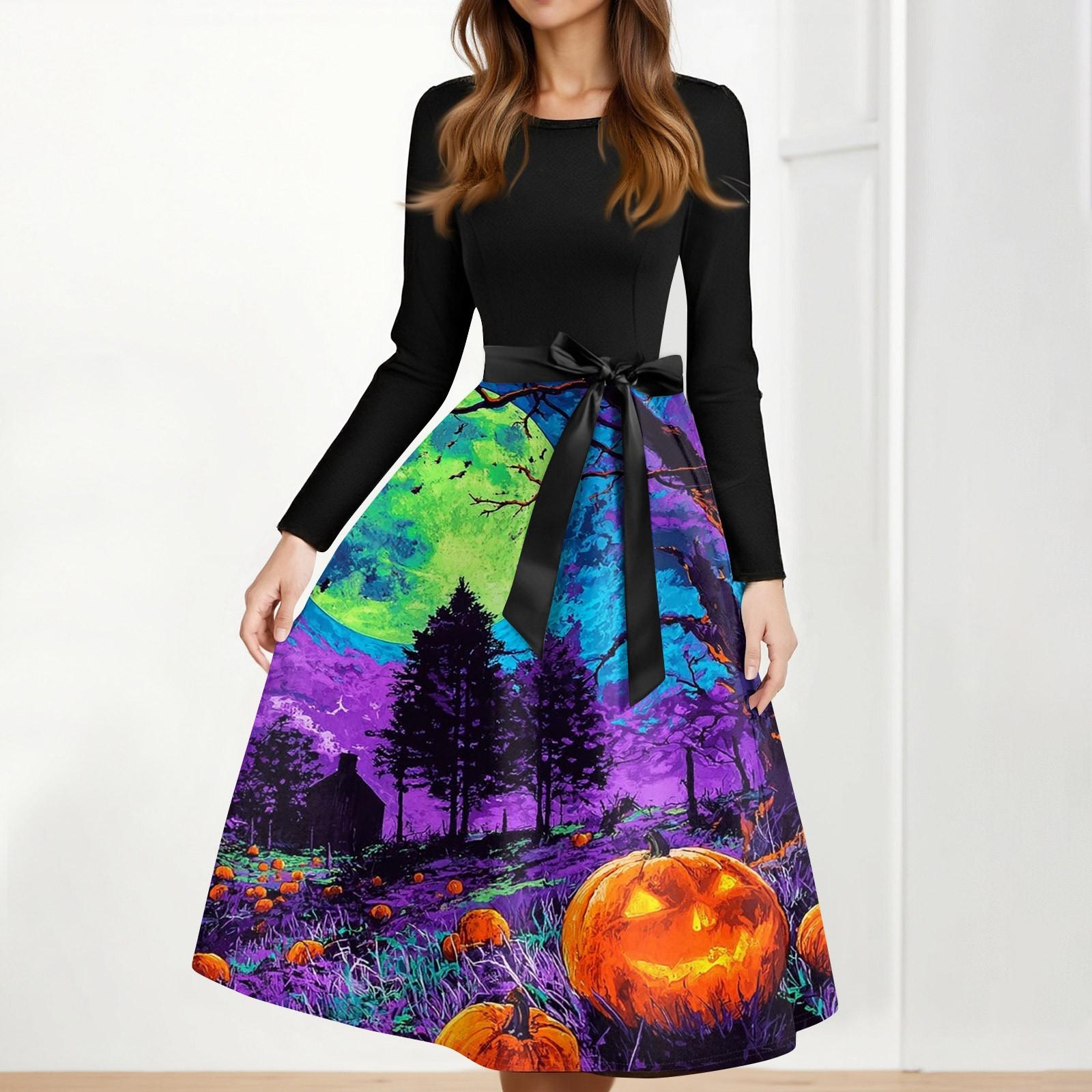 

Women s Casual Fashion Halloween Printed Round Neck Vintage Dress L