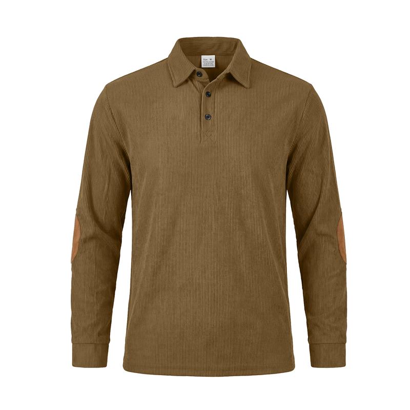 Autumn Winter Men Waffle Rib Knit Polo Shirts Contrast Suede Elbow Patches Lapel Collar Button Placket Vintage Long Sleeve Corduroy Textured Tops