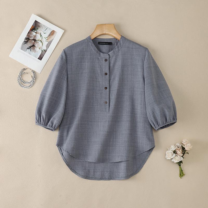 ZANZEA Women Casual Round Neck 3/4 Sleeve Asymmetrical Hem Loose Blouse S синий