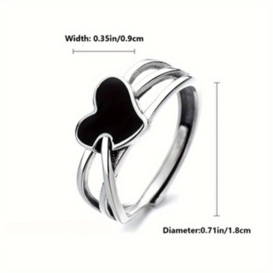 1pc Women's Fashion Wide Band Ring, Silver-Plated Multi-Layer Black Heart Ring, Minimalist Open Adjustable Hypoallergenic Index Finger Ring