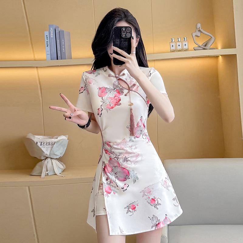 Elastic Floral Cheongsam Dress Set for Young Women
