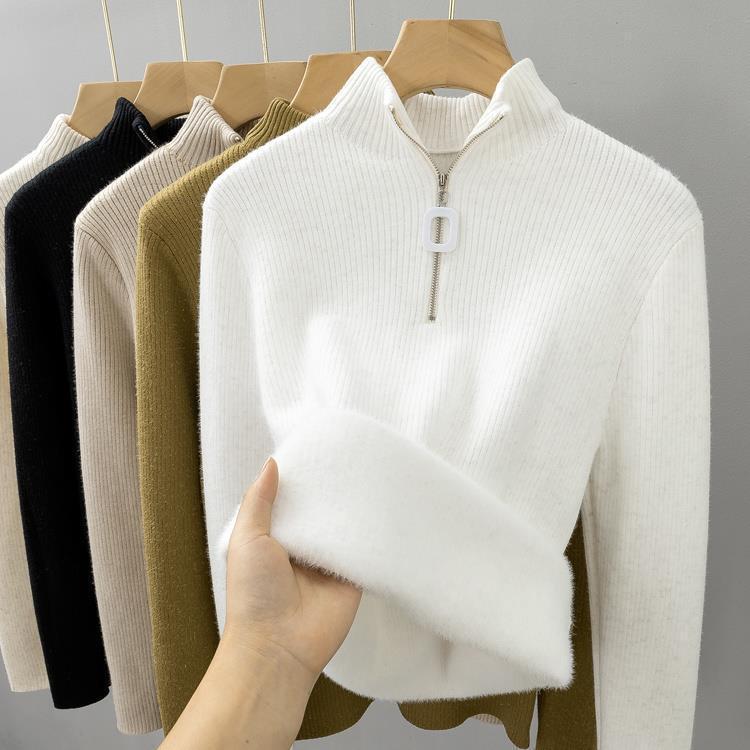 

Женский цельный свитер на флисовой подкладке: Трикотаж на молнии с полувысоким воротником для многослойности осенью и зимой. One Size [80-120 jin] белый