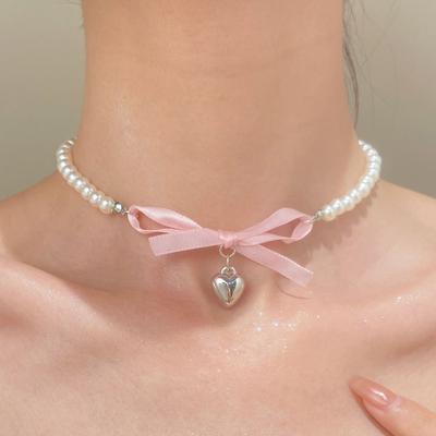 Hot Selling Accessories, Stylish Versatile Pearl Love Pink Bow Collarbone Chain Necklace