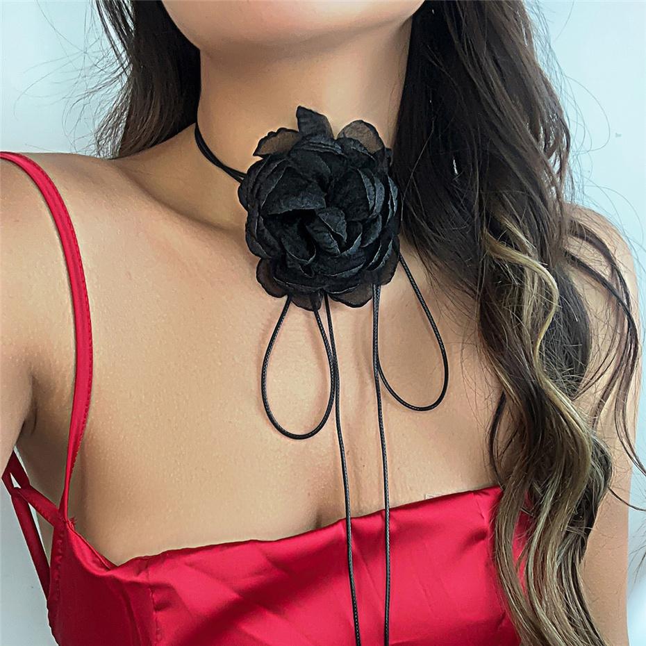 IngeSight.Z Elegantes Großes Rosenblüten-Spitzen-Choker-Halsband für Damen Dinnerparty Seil Wachsfaden-Halskette Y2K Schmuck