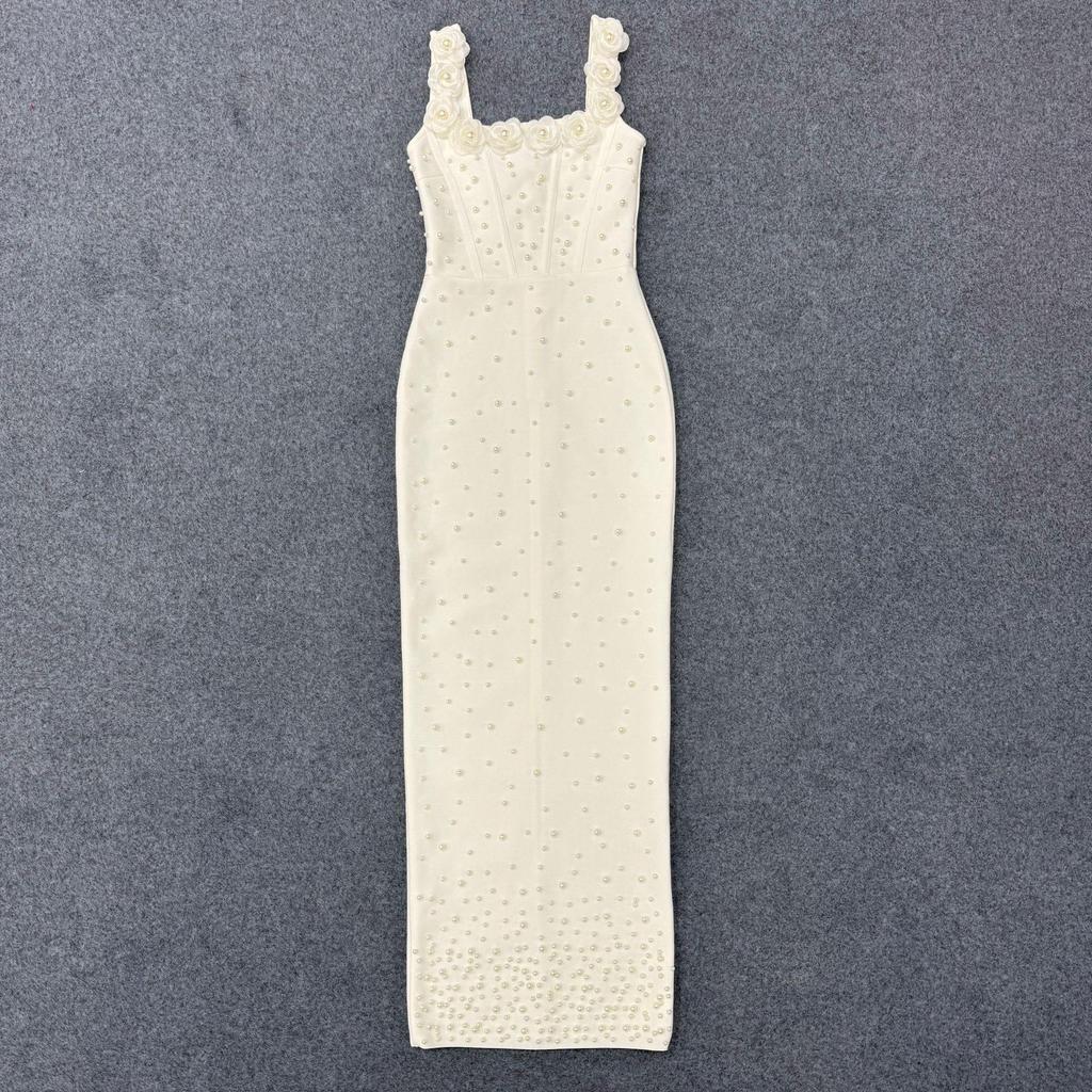 Elegante Vestido de Noite Bandage Quadrado com Alças Finas e Contas