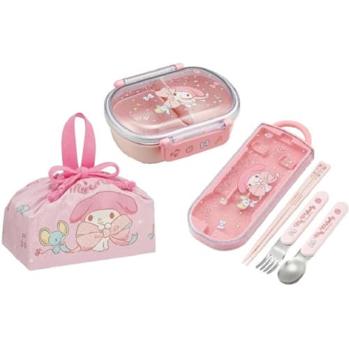 Skater My Melody 25 Big Ribbon Antibacterial Dishwasher Safe Soft Lid Tight Lunch Box, Oval Shape, 360ml Trio Set (Chopsticks, Spoon, Fork) and Lunch