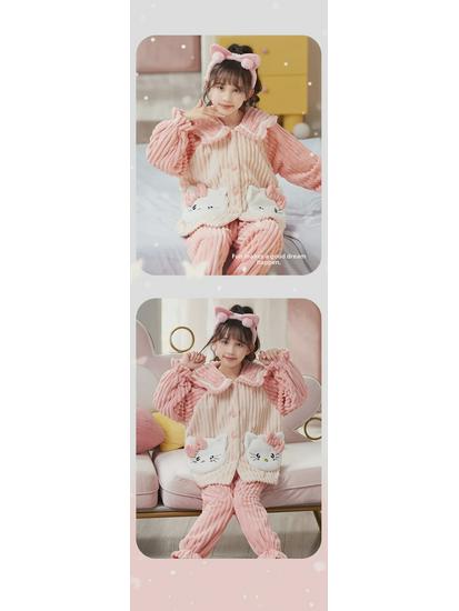 Kids' Flannel Cartoon Pajamas - Warm Coral Fleece for Girls, Autumn/Winter Collection