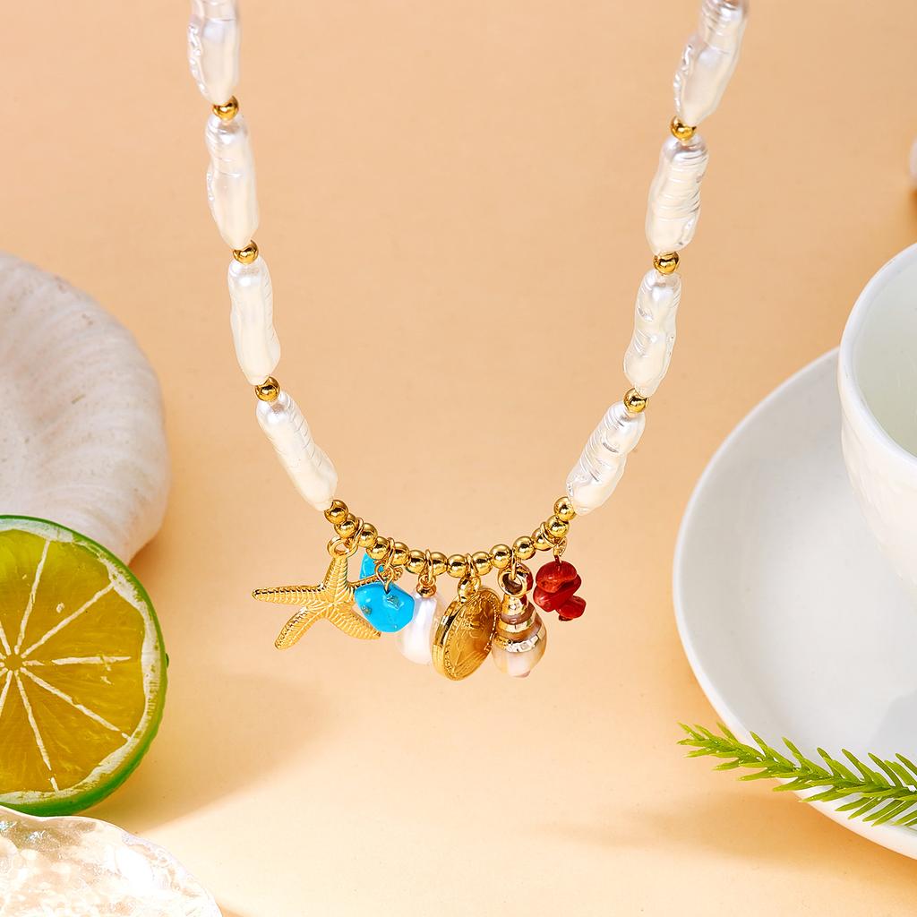 New Luxury Baroque Imitation Pearl Necklace for Women Gold Color Starfish Conch Pendant Choker Summer Beach Wedding Jewelry Gift