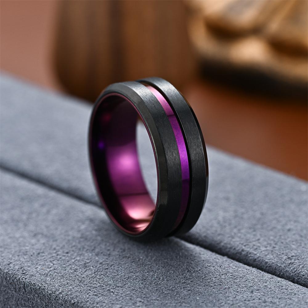 Fashion 8MM Men Gold Color Groove Stainless Steel Rings Black Brushed Engagement Rings for Men Women Wedding Anniversary
