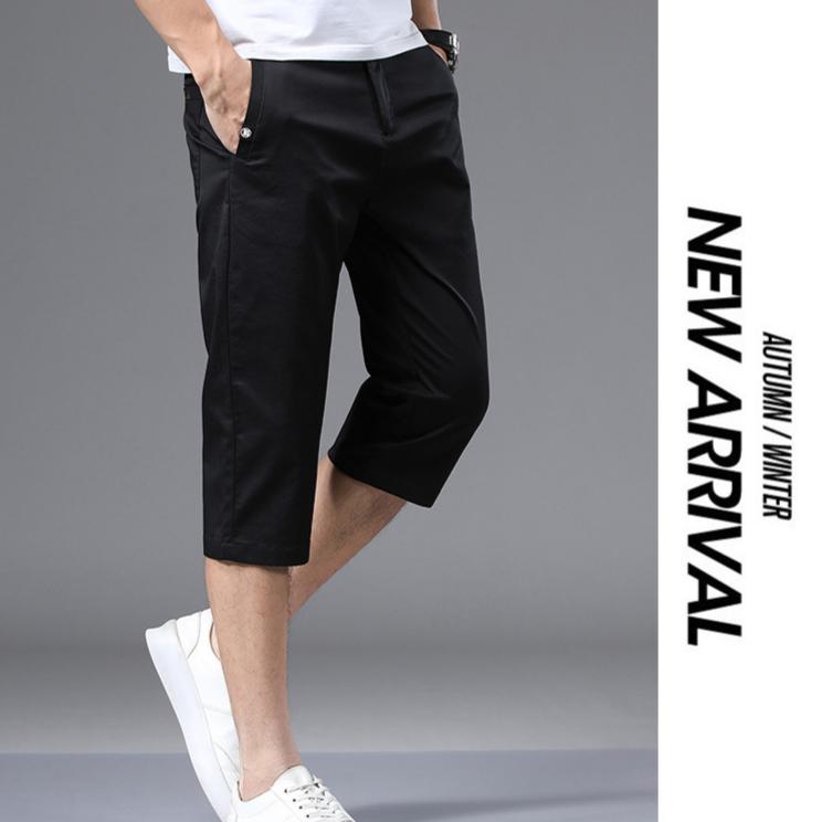 Summer Mens Cotton Cropped Pants Fashion Casual Loose Leg Straight Trouser Vintage Calf-Length Shorts Streetwear