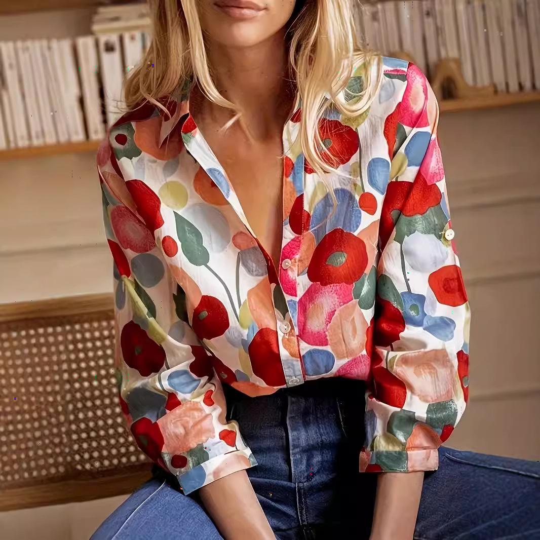 

Модные женские блузки и рубашки с ярким 3D цветочным принтом и длинным рукавом XXL красный