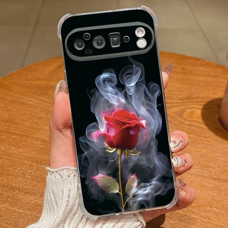 Scarlet Red Rose Flower Pattern Case For Google Pixel 9 Pro XL 9A Shockproof TPU Silicone Clear Soft Cover