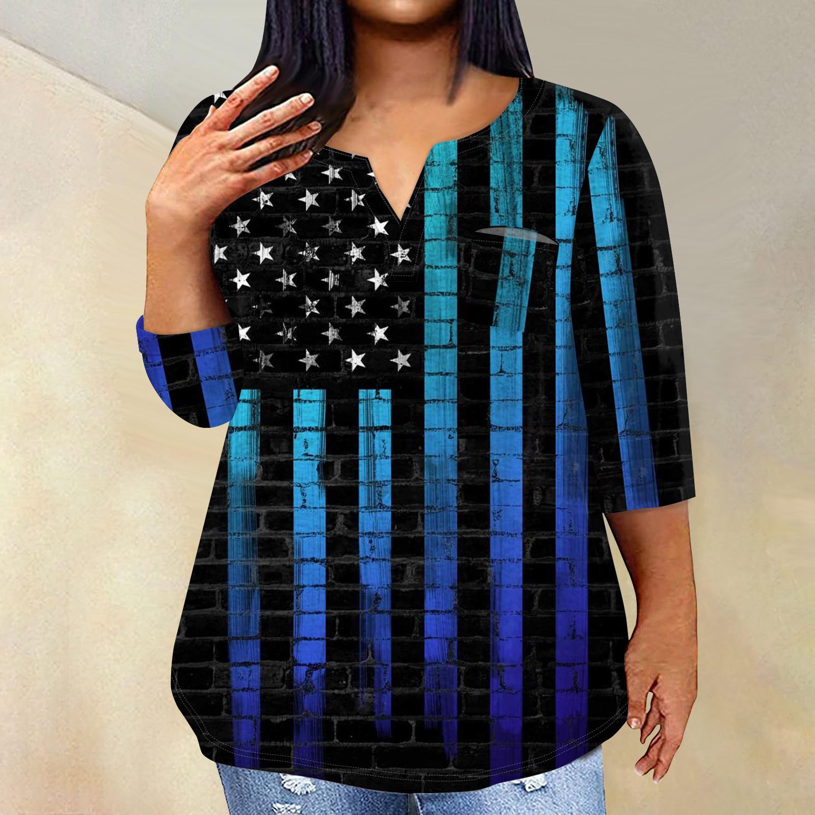 

Женский модный повседневный пуловер с рукавом три четверти с принтом в честь Дня независимости и V-образным вырезом, топ с рукавами 3/4 XXXXL