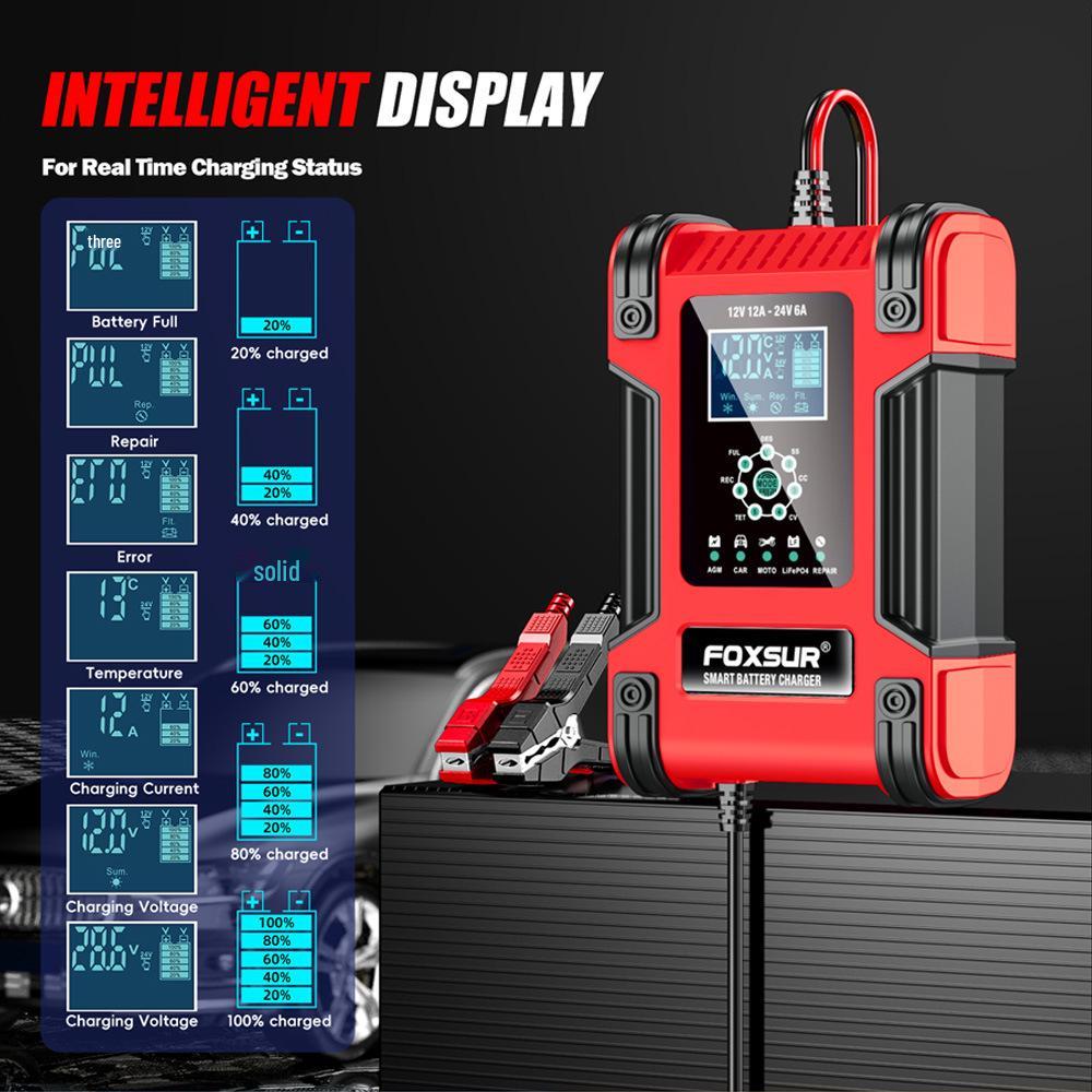 12A 7-Stage AGM & Lithium-Iron Battery Charger for 12V/24V Motorcycles & Cars