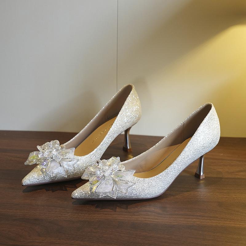 

Муза Фея Веер~ Кристальный Бант, Туфли на Высоком Каблуке Женские Остроносые на Тонком Каблуке Свадебные Туфли Подружек Невесты Банкетные Туфли 34 серебряный