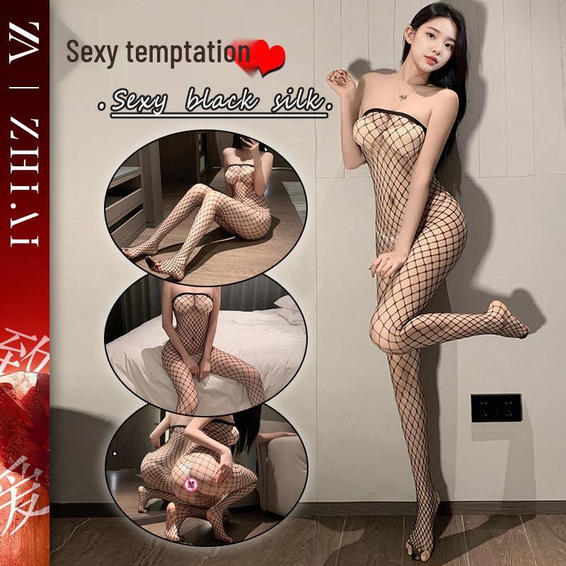 Passionate Sheer Lingerie Set: Fishnet Stockings & Crotchless Bodysuit