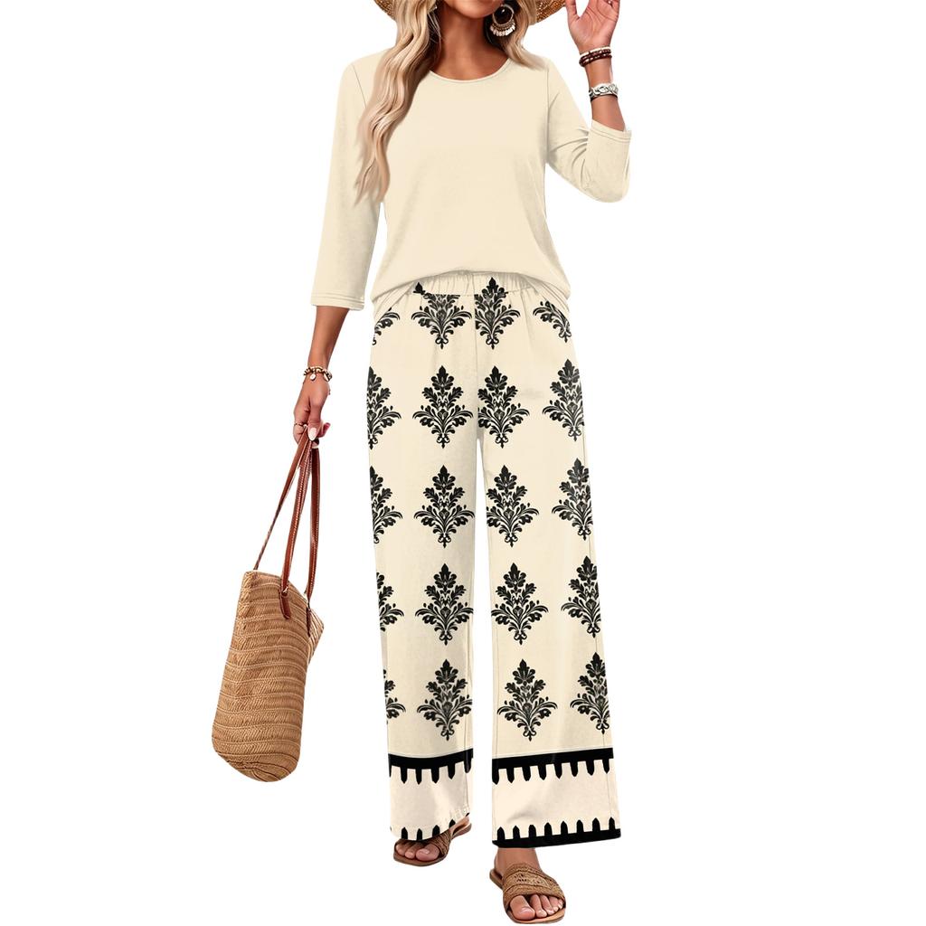 Women's Casual Fashion Round Neck Loose Fit Printed Three Quarter Sleeve Top with Wide Leg Pants Set Comfortable Two Piece Outfit