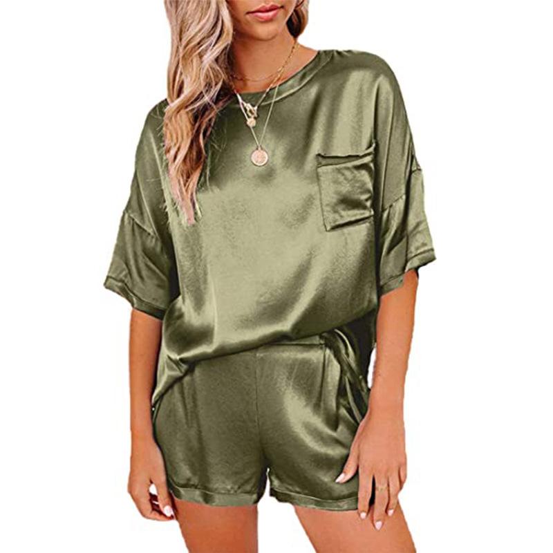 Camiseta de verano para mujer, traje de pijama, ropa de dormir de gasa de Color sólido, camiseta de manga corta, pantalones, camisón informal suelto, traje de dos piezas