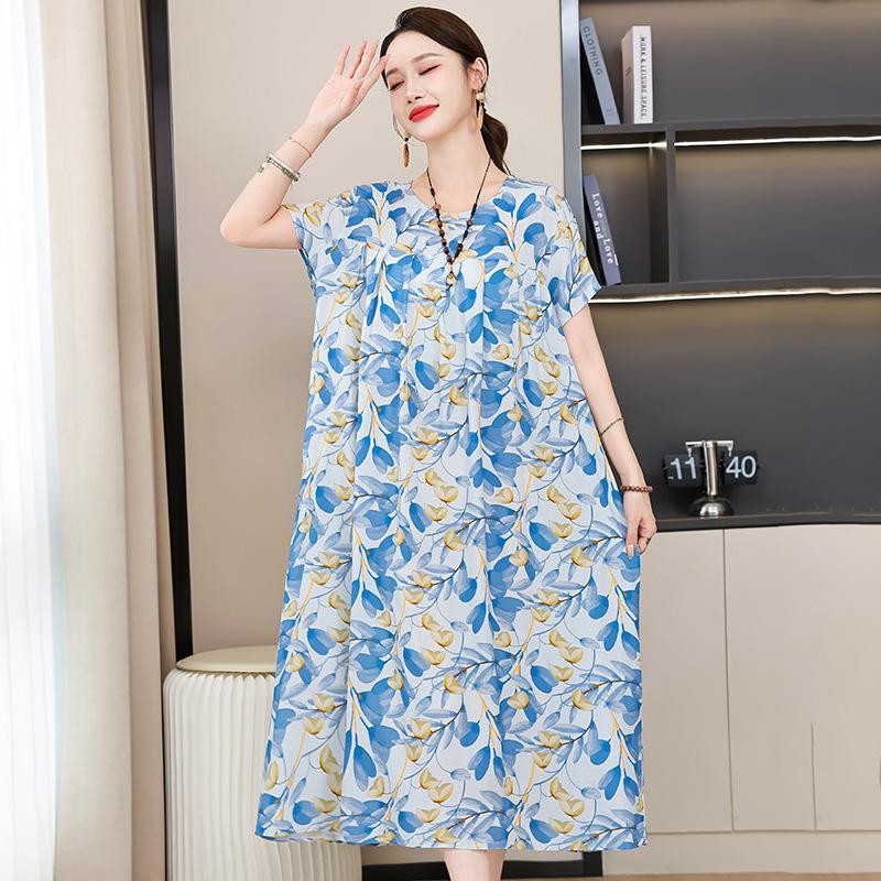 2 Neues hochwertiges florales Baumwoll-Seiden-Kleid für Damen-Sommer-Temperament, Bauchbedeckung für Mütter, große Größe künstliche Baumwolle langer Rock