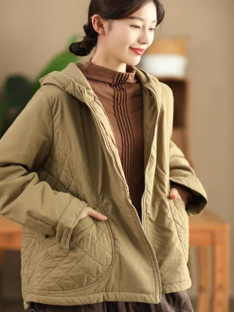 Johnature Women Vintage Hooded Jackets Zipper Solid Color Winter NPatchwork Pockets Casual Warm Jackets Coat