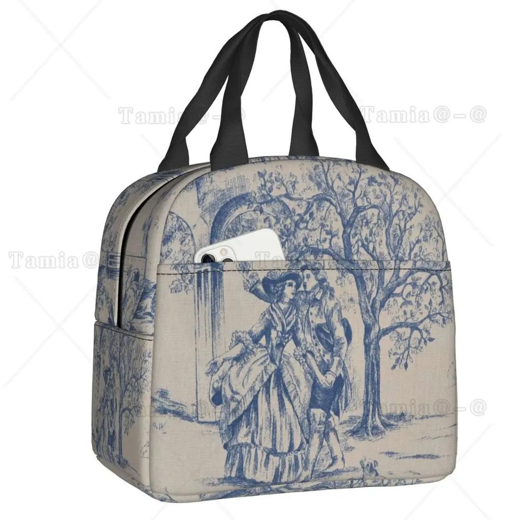 French Toile De Jouy Navy Blue Motif Pattern Thermal Insulated Lunch Bag Lunch Container for Outdoor Picnic Storage Food Box