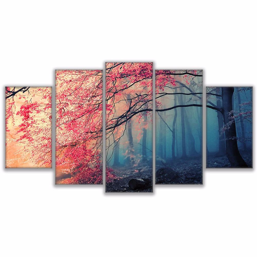 

Canvas prints wall art Cherry blossom decorative painting Home Decor Red Trees Forest Photo 5 pieces Wallpaper Posters 20x35 20x45 20x55cm