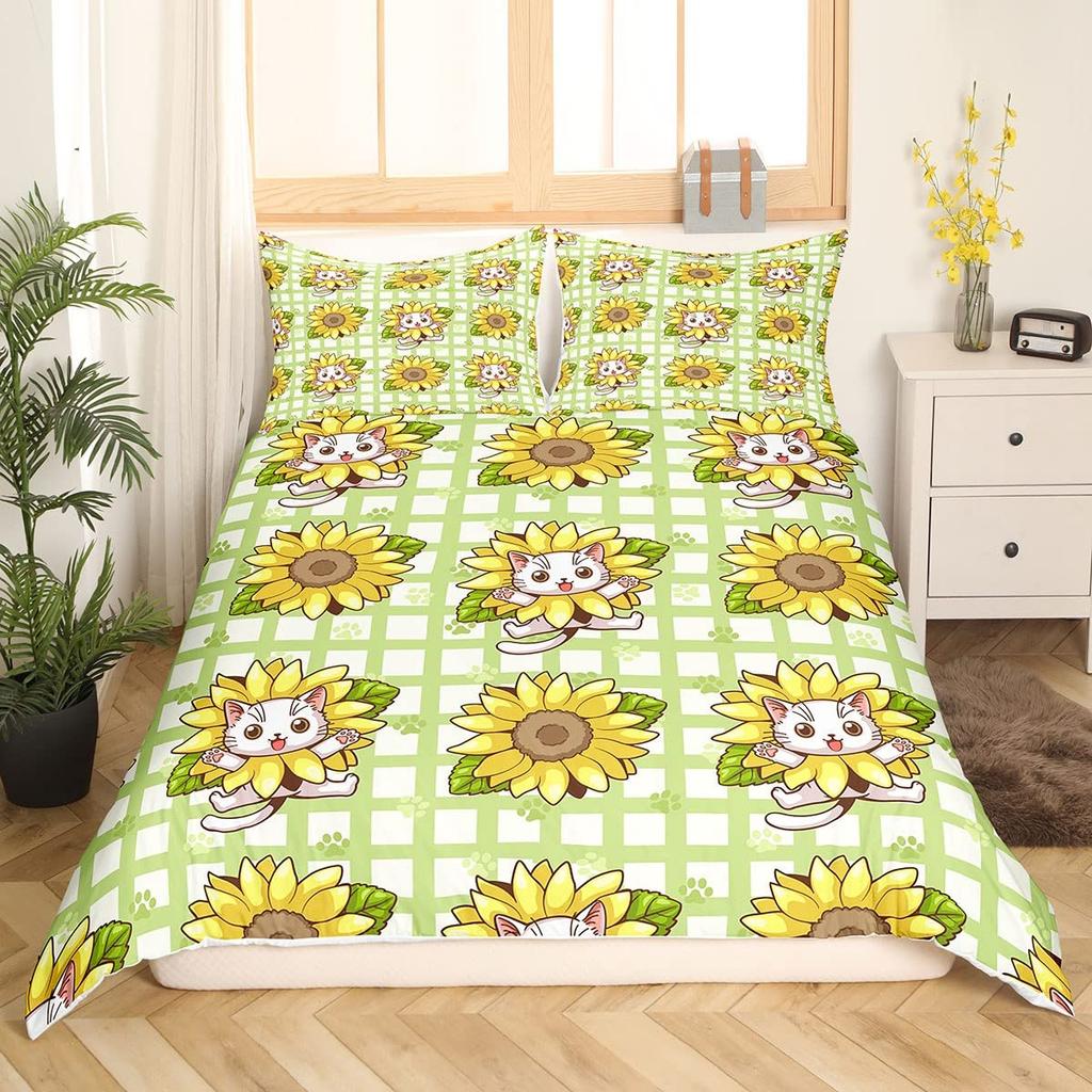 Cute Cat King Queen Duvet Cover Kitten Bedding Set Purple Floral Butterflies Polyester Quilt Cover Pet Animal Comforter Cover