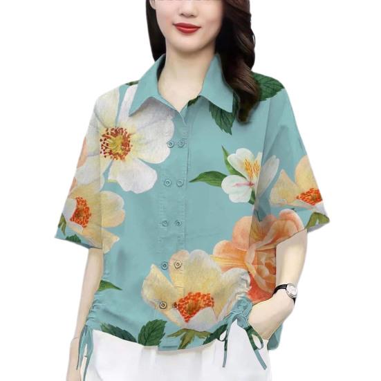 

Женская повседневная рубашка с боковым шнурком, рубашка с цветочным узором и лацканами, короткая двубортная свободная посадка L небесно-голубой