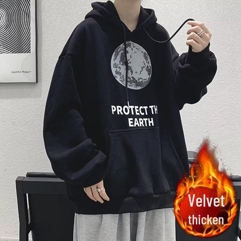 Men's Hong Kong Style Velvet-Lined Hooded Sweatshirt: Trendy, Loose-Fit, All-Match Casual Top for Fall & Winter