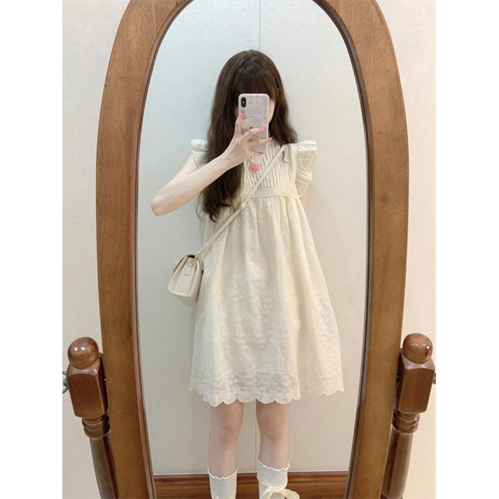 Forest embroidery small flying sleeve dress women's summer sweet little white skirt loose slimming doll skirt