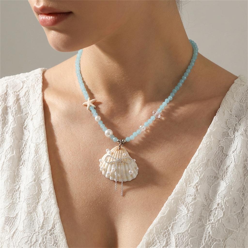 Unique Starfish Rope Braided Necklaces for Women Shell Imitation Pearl Bow Tassel Necklaces Delicate Summer Sweet Jewelry Gift